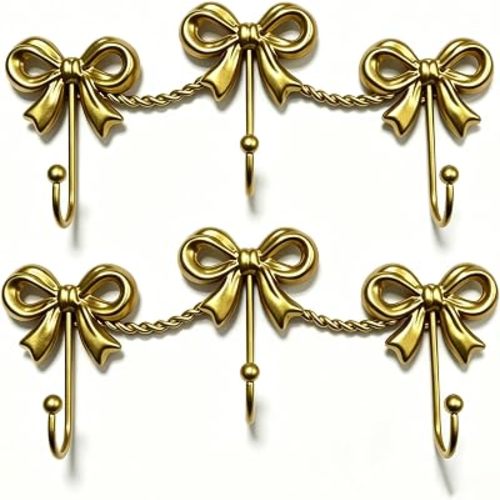 himmel Gold Bow Hooks for Girls - Cute Triple Bow Wall Hooks for Nursery, Bedroom & Bathroom - Metal 3-Hook Coquette Room Decor for Hanging Towels, Bags, Robes & Jewelry (Gold-3 Hooks 2 Pack)