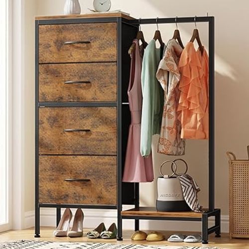 HIGDBFE Tall Dresser 44''H with Hanging Rack, 4 Drawers Small Closet Dresser for Bedroom, Reversible Fabric Chest of Drawers with Clothes Rack, Tall Storage Tower, Sturdy Frame, Rustic Brown