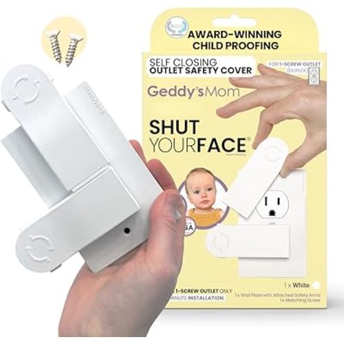 Self-Closing Outlet Cover Plate System by Geddy’s Mom – Automatic Child Safety that Covers Outlets When Unplugged, Shut Your Face, Easy Install, Award-Winning Baby Proofing for 1-Screw Duplex Outlets