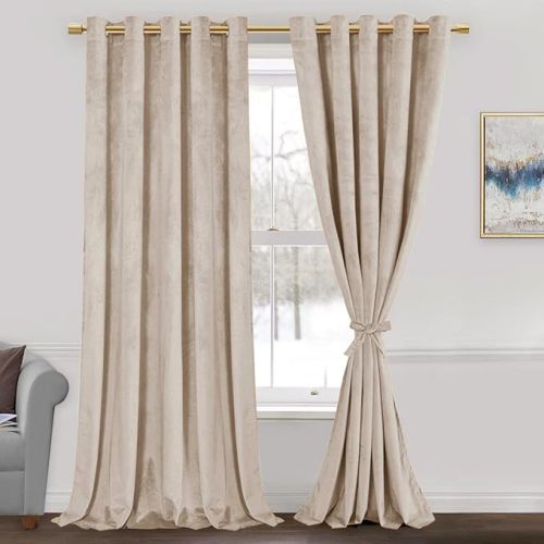 JIUZHEN Beige Velvet Curtains 90 inches for Living Room - Thermal Insualted Room Darkening Grommet Thick Velvet Window Drapes for Bedroom, Set of 2 with Tiebacks, 60W x 90L