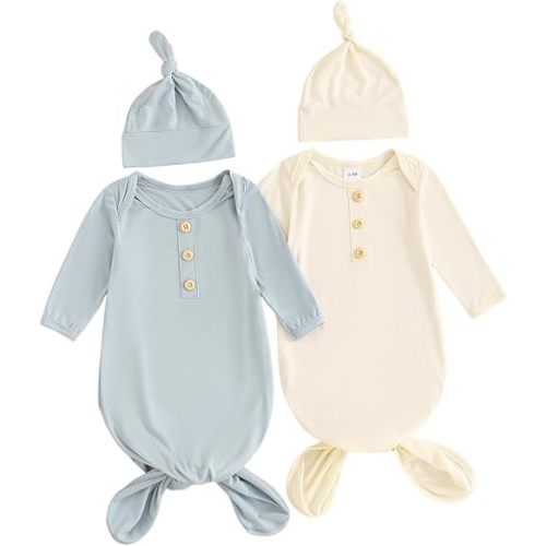 Newborn Knotted Gown 2 Pack Plain Sleeper for Baby Boy Girl Coming Home Outfit