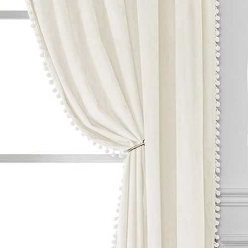 Victree Pom Pom Velvet Curtains for Bedroom, Blackout Curtains 42 x 84 inch Length - Room Darkening Sun Light Blocking Rod Pocket Window Drapes for Living Room, 2 Panels, Cream