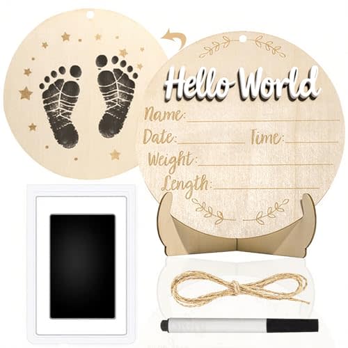 XCMVCN Baby Announcement Sign, 5.9 Inch Round Wooden Hello World Newborn Signs, Birth Announcement Sign: Equipped with Ink Pad Can Baby Handprints and Footprints for Photo Prop Hospital Nursery Gift