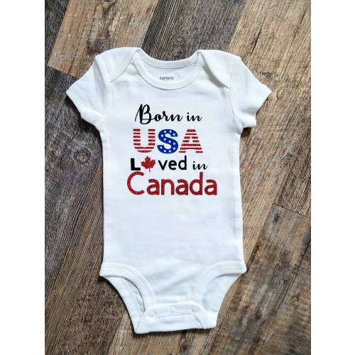 Born in USA Loved in Canada Bodysuit Canadian Gift Maple Leaf for Baby Shower Gift New Mom Baby Gift Red Glitter American Gift for New Mom