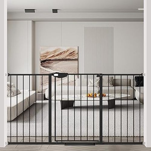 WAOWAO Triple Lock Baby Gate Extra Wide 57.87-62.59" Pressure Mounted Walk Through Swing Auto Close Safety Black Metal Dog Pet Puppy Cat for Stairs,Doorways,Kitchen