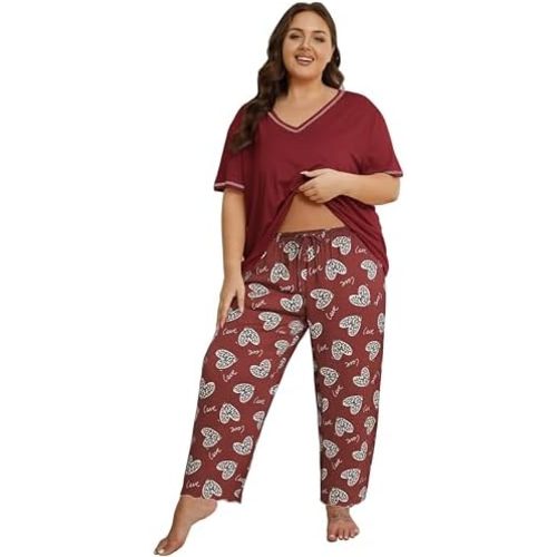 Vozanet Women's Plus Size Pajama Sets Short Sleeve Long Pants Solid Color with Piping Trim Elegant Loungewear Cozy Sleepwear