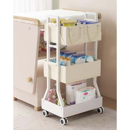 2In1 Baby Diaper Caddy Organizer Cart- Rolling Diaper Cart with Detachable Dividers-Baby Essentials Nursery Storage, for Crib, Bedroom,Kitchen, Bathroom(Off White)$$Office