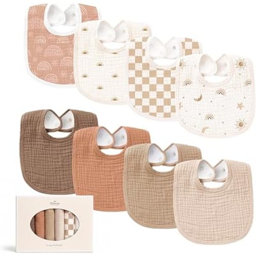 Konssy 8-Pack Muslin Baby Bibs, Adjustable Fit for Drooling and Teething