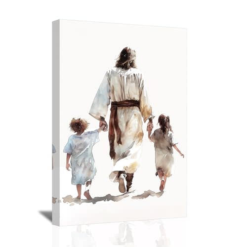 SWQYLB Jesus Canvas Wall Art God and Children Back View Pictures Prints Watercolor Jesus Art Poster Christian Spiritual Painting for Kids Girls Boys Room Decor Framed (Brown, 12.00" x 18.00")
