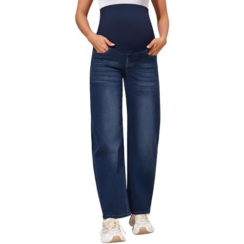 POSHGLAM Maternity Jeans Over Belly Barrel Jeans Wide Leg Pregnancy Denim Pants