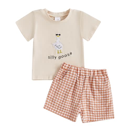 Toddler Baby Boy Girl Goose Outfit Short Sleeve Silly Goose Embroidered T-shirt Plaid Shorts 2pcs Summer Farm Clothes