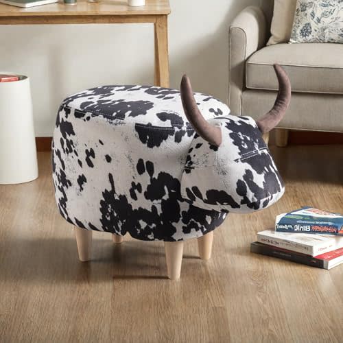 Christopher Knight Home Isana Cow-Shaped Ottoman, Cute Wood Foot Stool Shoes Changing Seat with Cushioned for Living Room, Bedroom, Playroom Porch Furniture, Black and White Velvet