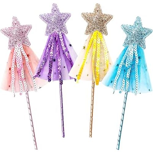 4Pcs Glitter Fairy Wand, Princess Wands for Little Girls, Angel Fairy Star Wand Princess Costume Role Play Props, Magic Dress-up Wands for Birthday Halloween Christmas Party