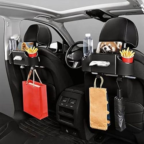 Back Seat Car Organizer,4 in 1 Multifunctional Car Back Seat Storage Box with Drink Cup Holder Tissue Box, for Hold Phone,Snacks, Drinks, Handbag-Black-2Packs