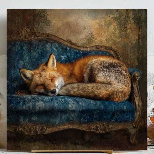 Sleeping Fox on Blue Sofa Art, Canvas or Poster, Rustic Glam Decor, Living Room Bedroom Office Wall Art, Brown Blue Gold Woodland Scene