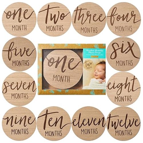 Kate & Milo Baby Monthly Milestone Marker Discs - Classic Cursive Script Wooden Discs with Reversible Photo Props for Baby Announcement and Milestones, Gender-Neutral Gift for Newborn Boy and Girl