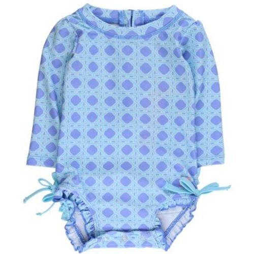 RuffleButts Baby/Toddler Girls UPF50+ Long Sleeve One Piece Rash Guard - Periwinkle Blue Coastal Cane, 0-3m