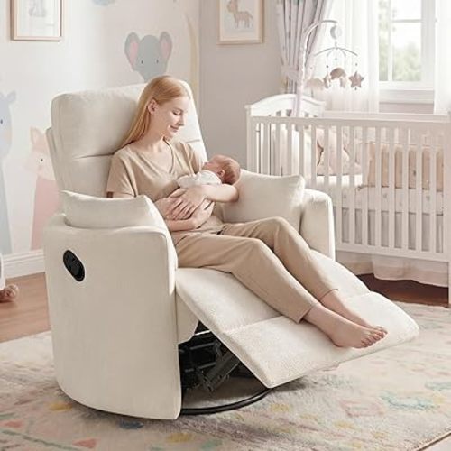 Nursery Rocking Chair, Oversized 360° Swivel Glider Recliner Chair, Upholstered Nursery Rocker with 2 Pillows and Footrest, Cozy Reclining Sofa for Living Room, Bedroom, Nursing, Beige
