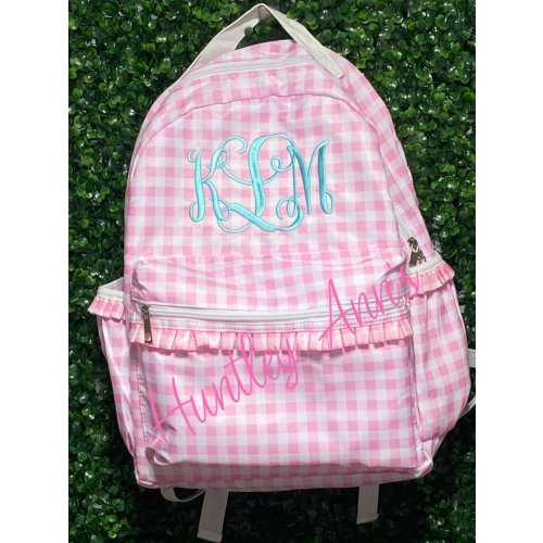 Pink Gingham Backpack Full Size Nylon Ruffle book bag. Monogrammed name. Preppy Sweet Personalized Ruffle Diaper Bag.