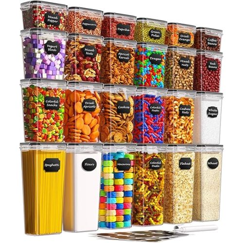 Airtight Food Storage Containers with Lids, 24 PCS Kitchen and Pantry Organization Canisters, BPA-Free, PVC-Free, Food-grade Plastic Leak-proof Jars for Cereal, Flour, Sugar, Extra 24 Labels & Marker