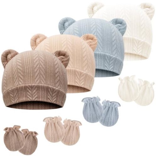 Newborn Baby Hat and Mittens Set Bear Ears Toddler Infant Beanie Caps Newborn Hospital Hat for Baby Boy Girl 0-3 Months