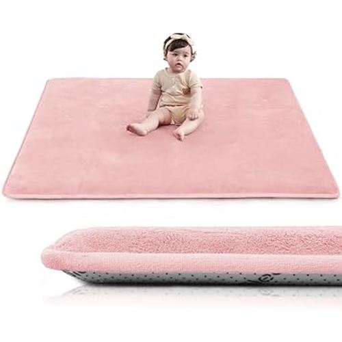 Baby Play Mat for Floor,1.3" Thick Elasti-Foam 50"×50" Playpen Mat for Tummy Time,Water Repellent Soft Coral Velvet for Toddler,Infant,Kids,Non-Slip Backing Safe for Crawling(Pink)