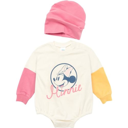 Disney Junior Baby Girls French Terry Bubble Romper Oversized Bodysuit & Hat Newborn to Infant Sizes (Newborn - 24 Months)