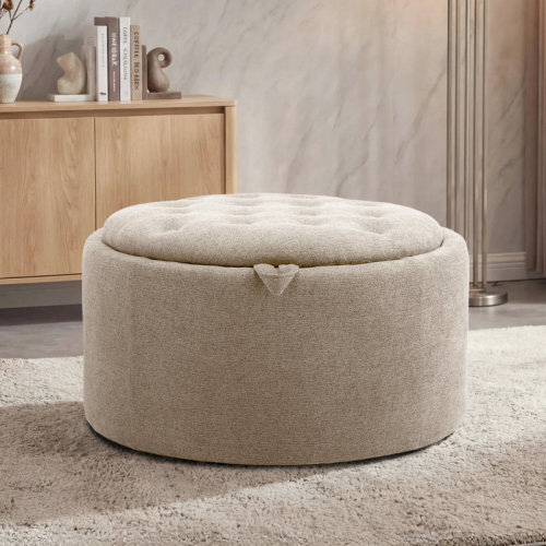Wrought Studio™ 27.5'' Upholstered Round Tufted Ottoman With Storage & Reviews | Wayfair