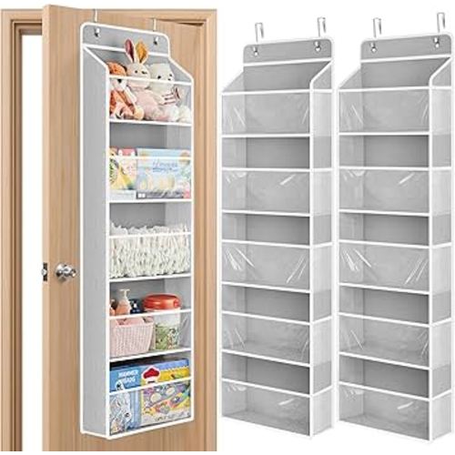 JARLINK 2 Pack Toy Stuffed Animal Storage, Over The Door Organizer W/Clear View Windows, 44lb Load, Baby Toy Storage Organizer for Nursery, Kid Bedroom, Newborn Baby Essentials (Light Grey)