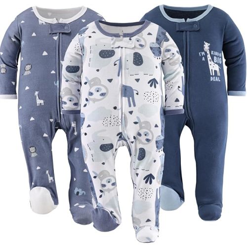 The Peanutshell Baby Sleepers for Boys Set of 3 - Soft Cotton Footed Pajamas for Newborns & Infants - Blue Safari