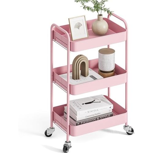 TOOLF 3-Tier Rolling Cart, Metal Utility Cart with Lockable Wheels, Storage Craft Organizer Serving Trolley Easy Assembly for Office, Bathroom, Kitchen, Kids' Room, Classroom