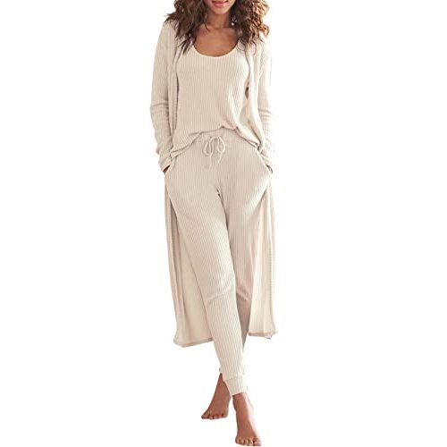 Eurivicy Womens 3 Piece Lounge Set Tank Tops Pants with Long Cardigan | Waffle Knit, Pajama Sets, Travel Outfits, Loose Long Pants, Open Front Cardigan, Soft Cozy Loungewear