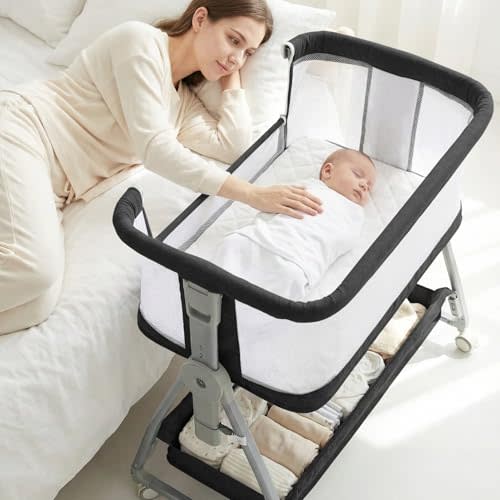 Bedside Bassinet for Baby, Sturdy 3 in 1 Bedside Sleeper with Mattress & Wheels, Height Adjustable, Breathable Mesh, Storage Basket, Easy to Assemble for Newborn, Black