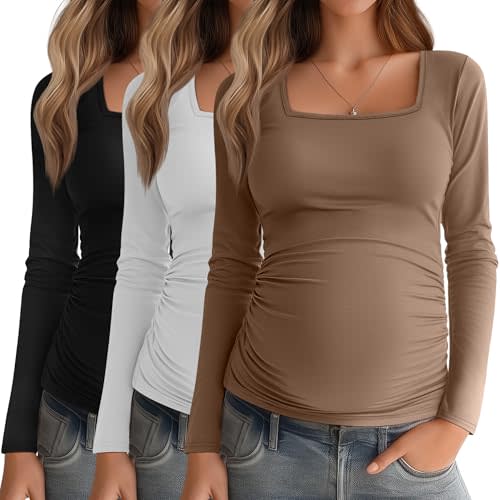 Baggyfly 3 Pack Women's Maternity Shirts Long Sleeve Side Ruched Pregnancy Tops Square Neck Basic Tunic Knit Mama Clothes