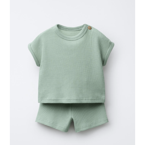 PLAIN WAFFLE T-SHIRT AND BERMUDA SET - Green OR Ecru | SIZE 3-6 MO