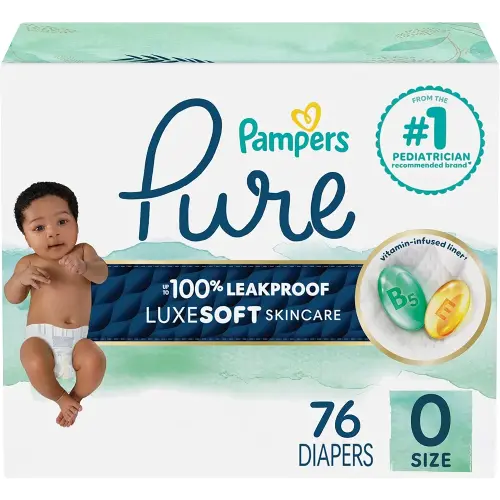 Pampers Pure Protection Baby Diapers, Size 0 (>10 lbs), 76 Count, Up to 100% Leakproof, Premium Plant-Based Skin Protection, Hypoallergenic Soft Diapers