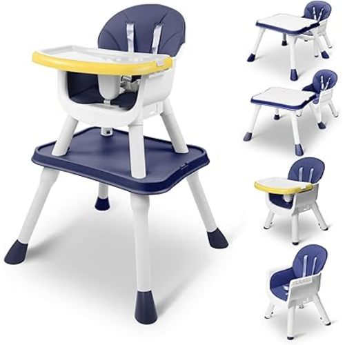 High Chairs for Babies and Toddlers, 5-in-1 Convertible Baby High Chair to Booster Seat with Removable Tray, Kids Learning and Building Block Activity Table with Safety Harness, Blue