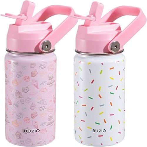 BUZIO 2 Packs 14 oz Insulated Stainless Steel Kids Water Bottle with Straw