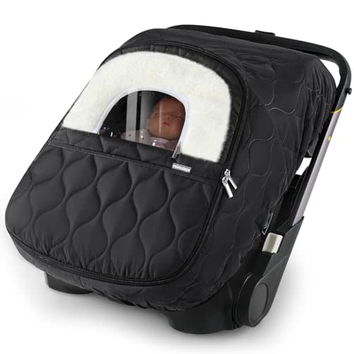 Winter Baby Car Seat Cover, Waterproof, Windproof Warm Fleece Breathable with Full Zipper for Newborn Car Seat, Black