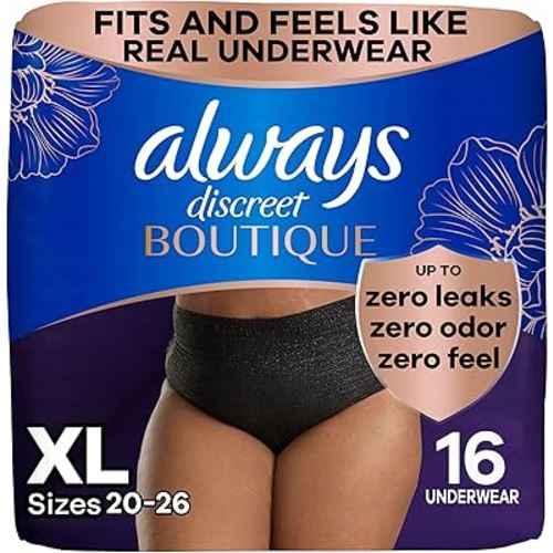 Always Discreet Boutique Incontinence and Postpartum Underwear for Women, Maximum Protection, Extra Large, Black, 16 Count