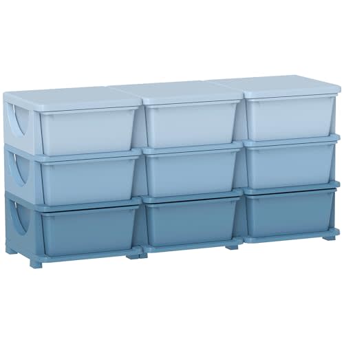 Qaba 9 Drawers Kids Storage Unit 3 Tier Toy Organizers Blue | Stackable Storage Chest, Bedroom, Nursery, Playroom, Living Room, Boys, Girls, Toddlers