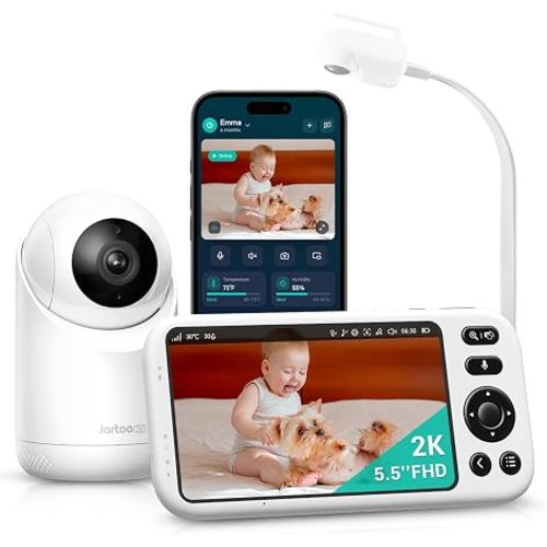 Jartoo Smart Baby Monitor with 2K Camera & Mount, 1860ft Long Range, 5.5" Screen, Hybrid Wi-Fi and No Wi-Fi Connection, AI-Powered Detection, Free App & 24/7 Recording, ANR