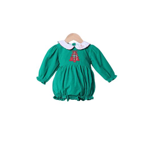 Applique Plaid Merry Christmas Tree Green Corduroy Bubble
