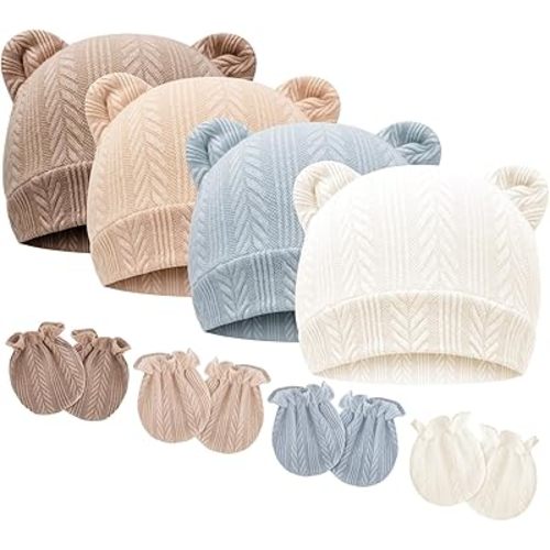 BQUBO Newborn Baby Hats Bear Ears and Mittens Sets Preemie Caps Baby Boy Girl Infant Hospital Beanie for 0-3 Months