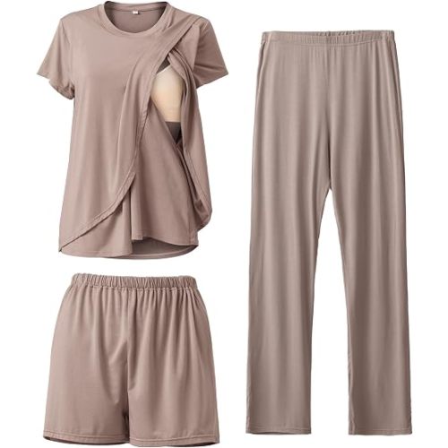 Rnxrbb 3 Piece Postpartum Nursing Pajamas Set Maternity Breastfeeding Pjs | Easy Side-Access Breastfeeding Sleepwear Lounge Clothes, Adjustable High-Waist Pants&Shorts for Pregnancy and Postpartum