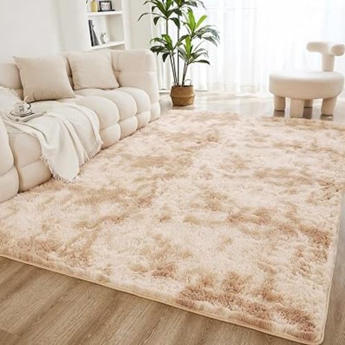 Litanika 5x8 Shag Area Rug for Bedroom, Tie-Dyed Beige Plush Rug