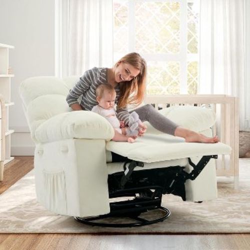 Recliner Chair,360° Swivel Rocker Chair for Small Spaces,Upholstered Fabric Glider Nursery Chair with Side Pockets for Living Room-Beige