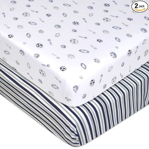 American Baby Company 2 Pack 100% Natural Cotton Fitted Pack and Play Sheets 39" x 27" - Soft & Breathable Pack N Play Sheets for Playard & Mini Crib Mattress, Navy/Grey Sport Stripes, for Boy & Girl