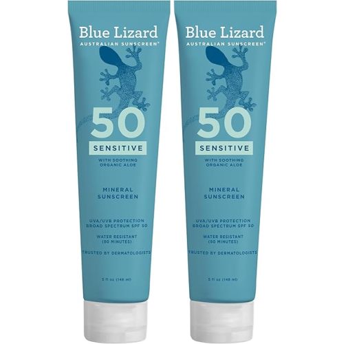 BLUE LIZARD Mineral Sunscreen, SPF 50+, Tube, Zinc Oxide | Water Resistant | Fragrance Free | For Sensitive Skin | 5 Fl Oz Pack of 2