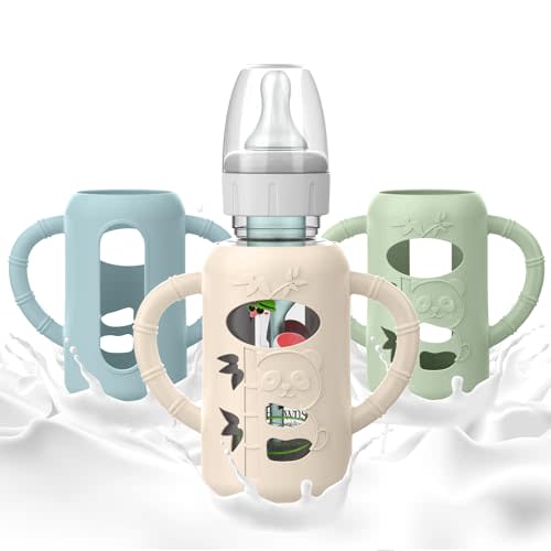 3 PCS Dr Brown Glass Bottles Silicone Sleeves, Compatible with Dr Browns Glass Bottles 4 oz, Anti-Drop Dr Brown Baby Bottles Sleeves with Handles, Heat-Insulating and Easy to Clean